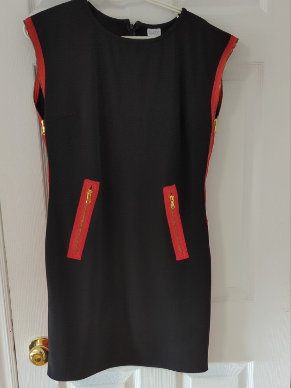 Suzy Shier Black Shift Dress with Red Zip Accents